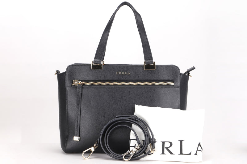FURLA BLACK LEATHER TOTE, WITH STRAP & DUST COVER