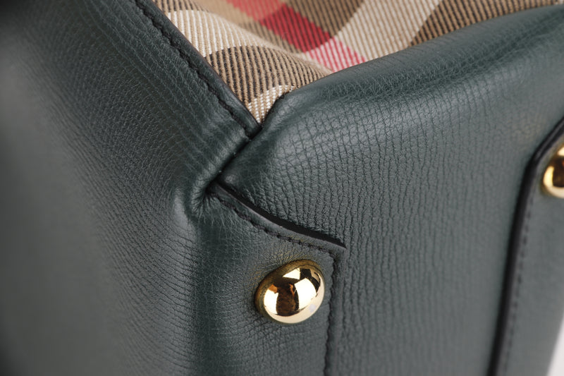 BURBERRY BANNER TOTE SMALL GREEN LEATHER GOLD HARDWARE, WITH STRAP & DUST COVER