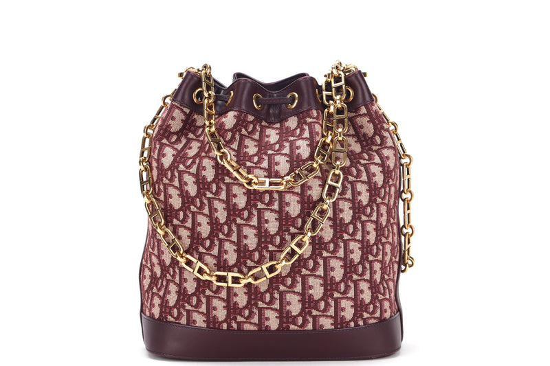 CHRISTIAN DIOR DRAWSTRING BUCKET BAG (01-BO-1118) BURGUNDY OBLIQUE CANVAS & LEATHER GOLD HARDWARE, WITH CARD & DUST COVER