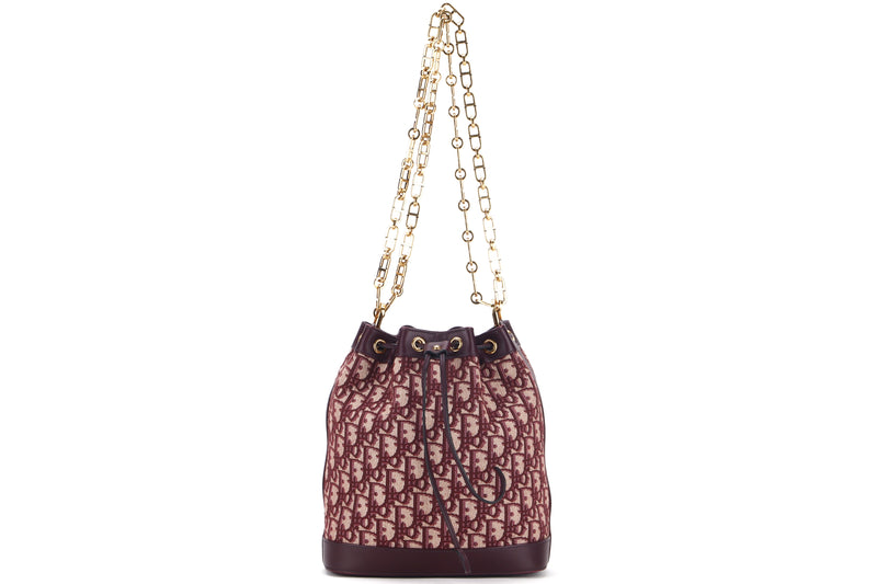 CHRISTIAN DIOR DRAWSTRING BUCKET BAG (01-BO-1118) BURGUNDY OBLIQUE CANVAS & LEATHER GOLD HARDWARE, WITH CARD & DUST COVER
