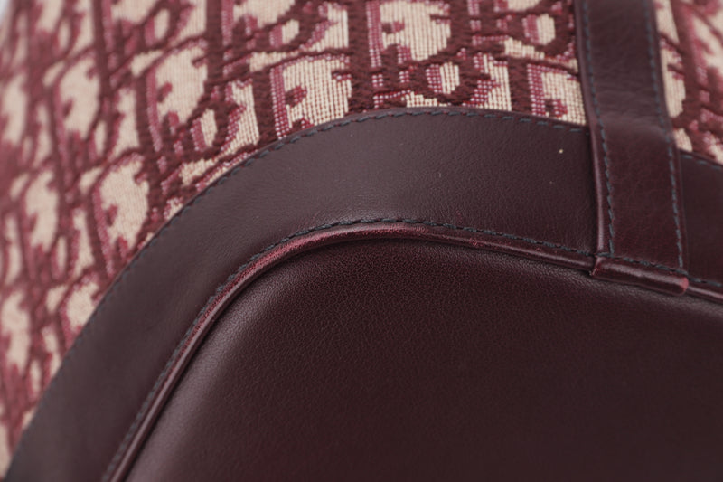 CHRISTIAN DIOR DRAWSTRING BUCKET BAG (01-BO-1118) BURGUNDY OBLIQUE CANVAS & LEATHER GOLD HARDWARE, WITH CARD & DUST COVER