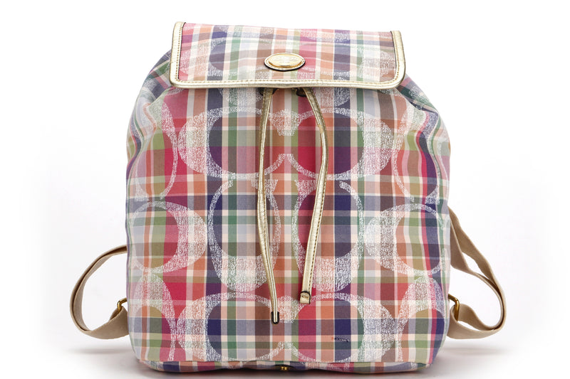 coach f77342 backpack (m1260), multicolour madras canvas gold hardware, with dust cover