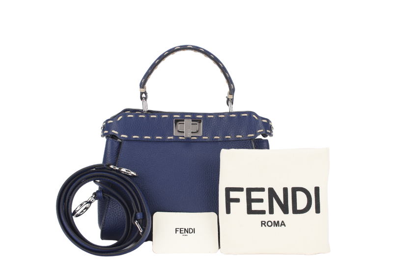 FENDI PEEKABOO CAPSULE MEDIUM CYAN BLUE LEATHER 2WAY BAG SILVER HARDWARE 8BN244-AFQ8-P-0189, WITH DUST COVER AND TWO STRAPS