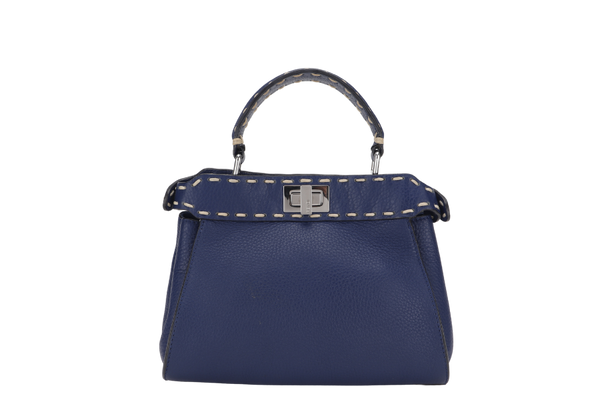 FENDI PEEKABOO CAPSULE MEDIUM CYAN BLUE LEATHER 2WAY BAG SILVER HARDWARE 8BN244-AFQ8-P-0189, WITH DUST COVER AND TWO STRAPS