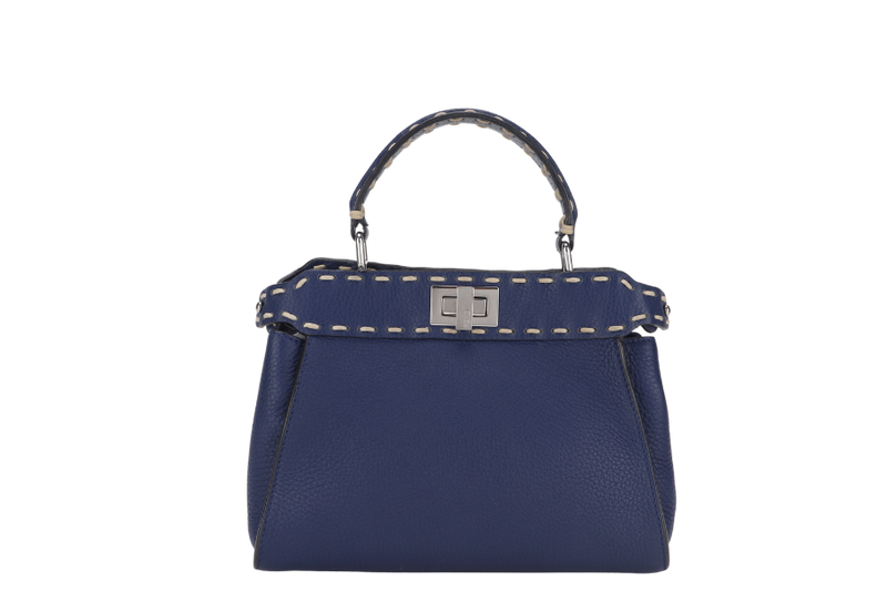 FENDI PEEKABOO CAPSULE MEDIUM CYAN BLUE LEATHER 2WAY BAG SILVER HARDWARE 8BN244-AFQ8-P-0189, WITH DUST COVER AND TWO STRAPS