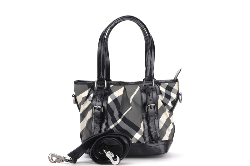 BURBERRY BLACK BEAT CHECK NYLON & PATENT LEATHER LOWRY TOTE, WITH STRAP, NO DUST COVER