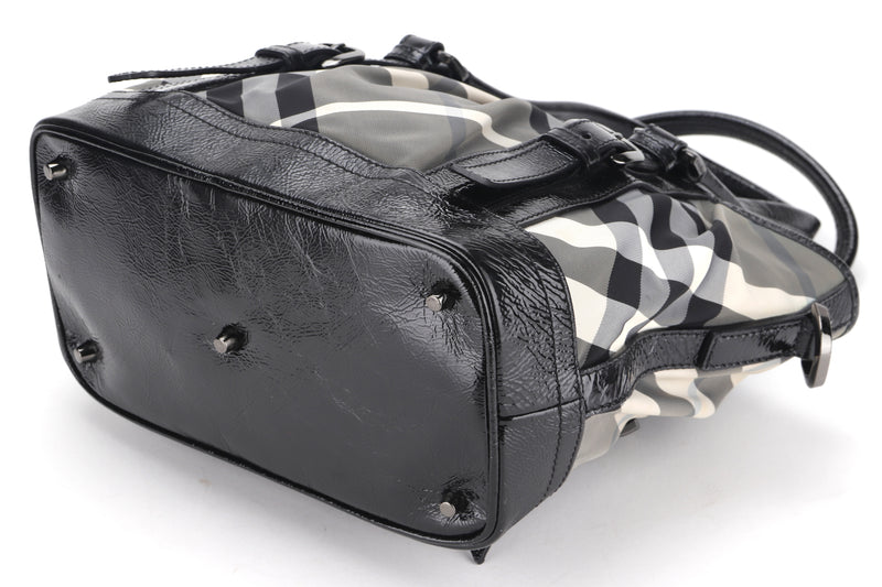 BURBERRY BLACK BEAT CHECK NYLON & PATENT LEATHER LOWRY TOTE, WITH STRAP, NO DUST COVER