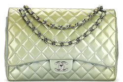 CHANEL DOUBLE FLAP BAG (1739xxxx) MAXI BLUE PATENT LEATHER SILVER HARDWARE, WITH CARD & DUST COVER