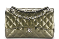 CHANEL DOUBLE FLAP BAG (1710xxxx) JUMBO GREEN PATENT LEATHER SILVER HARDWARE, WITH CARD & DUST COVER
