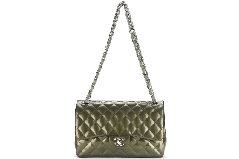 CHANEL DOUBLE FLAP BAG (1710xxxx) JUMBO GREEN PATENT LEATHER SILVER HARDWARE, WITH CARD & DUST COVER