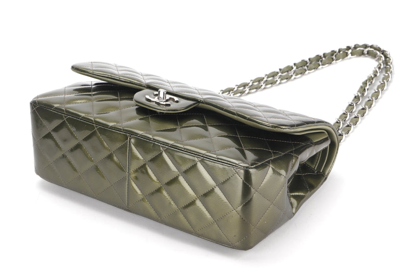 CHANEL DOUBLE FLAP BAG (1710xxxx) JUMBO GREEN PATENT LEATHER SILVER HARDWARE, WITH CARD & DUST COVER