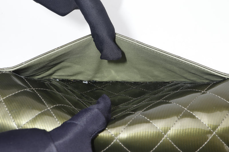 CHANEL DOUBLE FLAP BAG (1710xxxx) JUMBO GREEN PATENT LEATHER SILVER HARDWARE, WITH CARD & DUST COVER