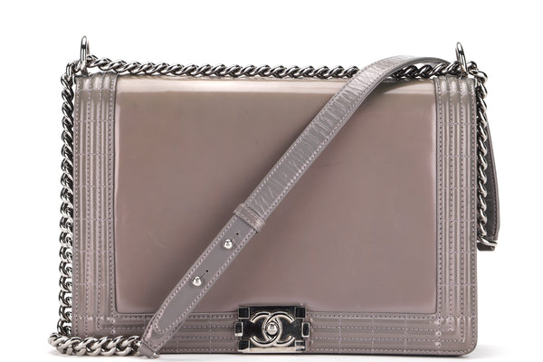 CHANEL BOY (1643xxxx) LARGE GREY PATENT LEATHER SILVER HARDWARE, WITH CARD & DUST COVER
