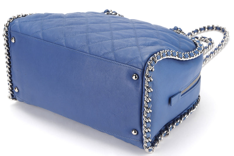 CHANEL BLUE CALFSKIN LEATHER CHAIN AROUND BOWLER BAG (1567xxxx) SILVER HARDWARE, WITH CARD & DUST COVER