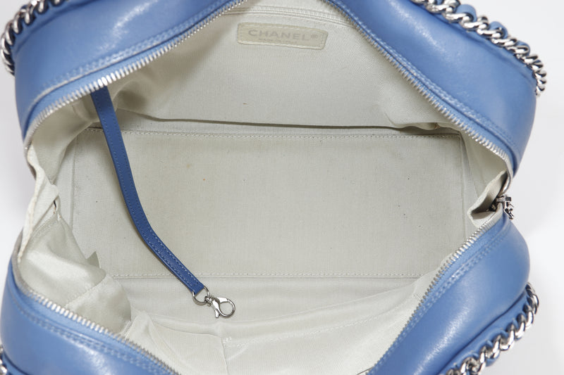 CHANEL BLUE CALFSKIN LEATHER CHAIN AROUND BOWLER BAG (1567xxxx) SILVER HARDWARE, WITH CARD & DUST COVER