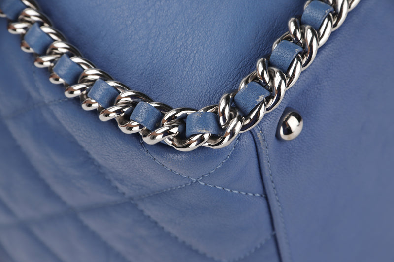 CHANEL BLUE CALFSKIN LEATHER CHAIN AROUND BOWLER BAG (1567xxxx) SILVER HARDWARE, WITH CARD & DUST COVER