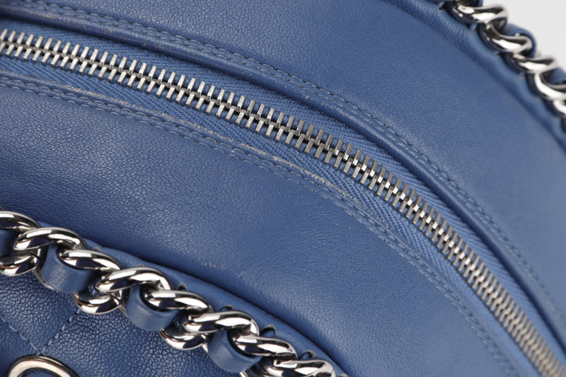 CHANEL BLUE CALFSKIN LEATHER CHAIN AROUND BOWLER BAG (1567xxxx) SILVER HARDWARE, WITH CARD & DUST COVER