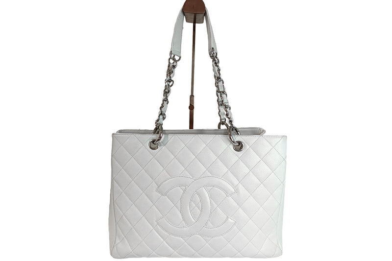 CHANEL GST (1219xxxx) WHITE CAVIAR LEATHER SILVER HARDWARE, WITH CARD, NO DUST COVER