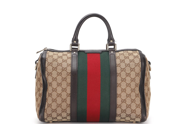 GUCCI BOSTON BAG (247205 525040) LARGE GG SUPREME CANVAS, GOLD HARDWARE, WITH STRAP, NO DUST COVER
