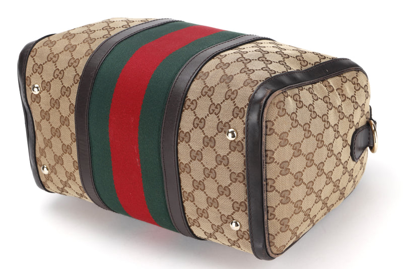 GUCCI BOSTON BAG (247205 525040) LARGE GG SUPREME CANVAS, GOLD HARDWARE, WITH STRAP, NO DUST COVER