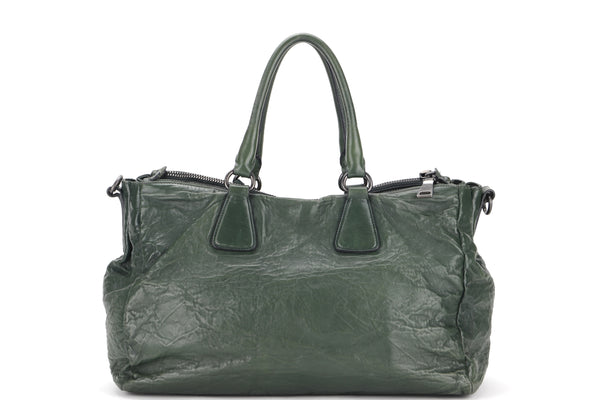 PRADA GREEN NAPPA ANTIQUE LEATHER 2 WAY BAG, WITH STRAP, NO DUST COVER