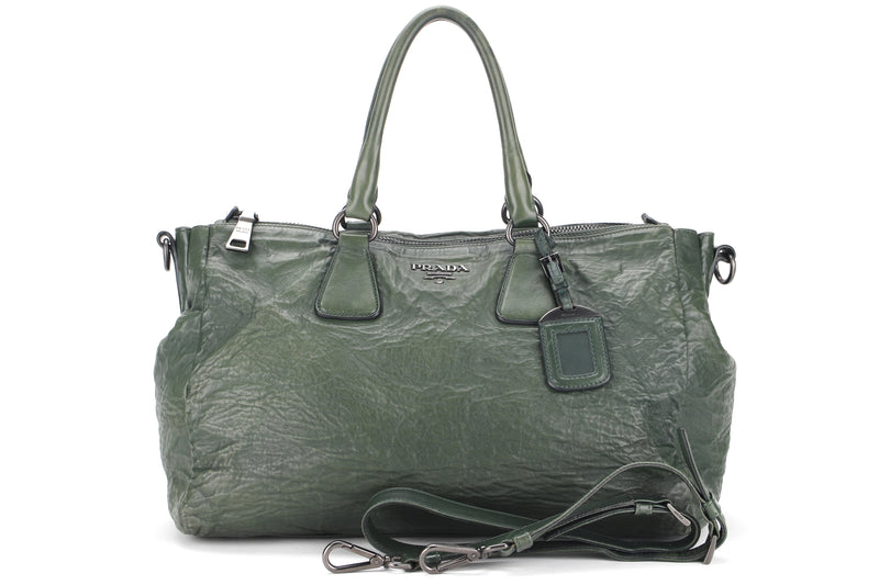 PRADA GREEN NAPPA ANTIQUE LEATHER 2 WAY BAG, WITH STRAP, NO DUST COVER