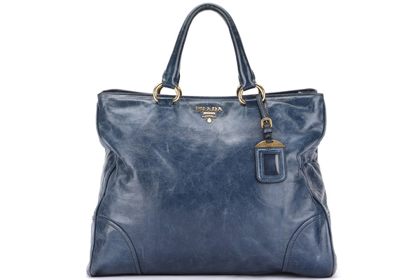 PRADA 2 WAY VITELLO SHINE TOTE BLUE LEATHER GOLD HARDWARE, WITH DUST COVER