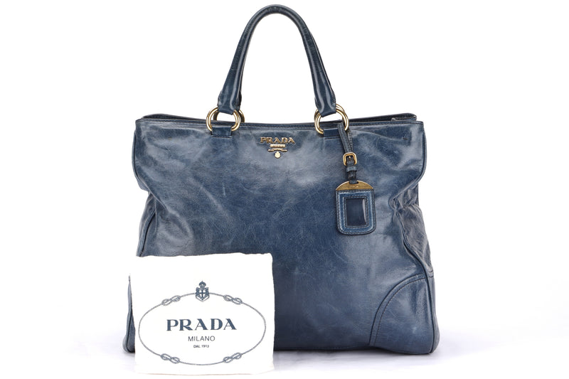 PRADA 2 WAY VITELLO SHINE TOTE BLUE LEATHER GOLD HARDWARE, WITH DUST COVER