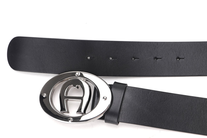 AIGNER BLACK LEATHER BELT, SIZE 95, WITH BOX