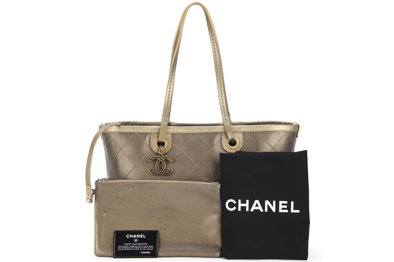 CHANEL SHOPPING FEVER TOTE (2032xxxx) WILD STITCH KHAKI CAVIAR LEATHER GOLD HARDWARE, WITH POUCH, CARD, DUST COVER & BOX
