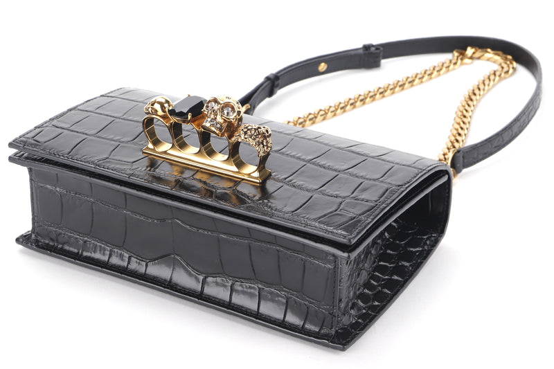 ALEXANDER MCQUEEN JEWELLED SATCHEL SHOULDER BAG BLACK CALF LEATHER GOLD HARDWARE, FULL SET