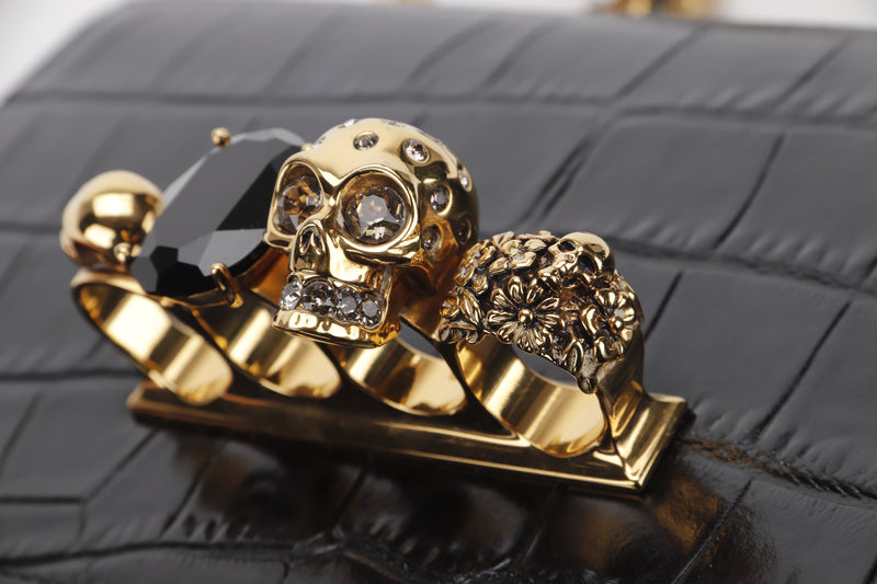 ALEXANDER MCQUEEN JEWELLED SATCHEL SHOULDER BAG BLACK CALF LEATHER GOLD HARDWARE, FULL SET