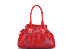 FENDI PERFORATED DE JOUR HANDBAG (8BN157-AFM-098) RED PATENT LEATHER SILVER HARDWARE, WITH DUST COVER