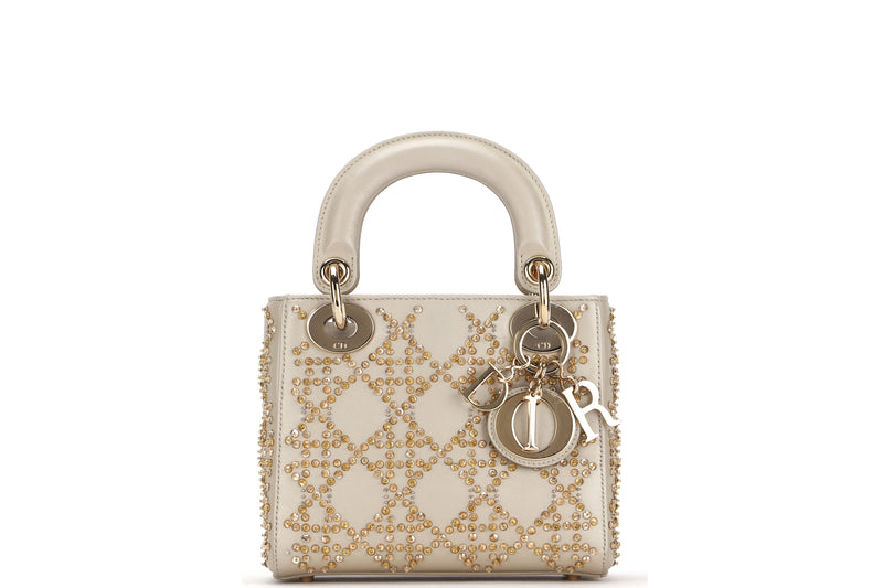 CHRISTIAN DIOR M0505OREJ_M971 LADY DIOR MINI (04-MA-0213) WITH BEADED EMBROIDERY PLATINUM METALLIC CANNAGE LAMBSKIN GHW, WITH STRAP, CARD, DUST COVER & BOX