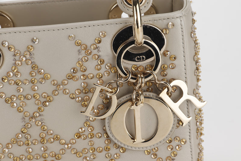 CHRISTIAN DIOR M0505OREJ_M971 LADY DIOR MINI (04-MA-0213) WITH BEADED EMBROIDERY PLATINUM METALLIC CANNAGE LAMBSKIN GHW, WITH STRAP, CARD, DUST COVER & BOX