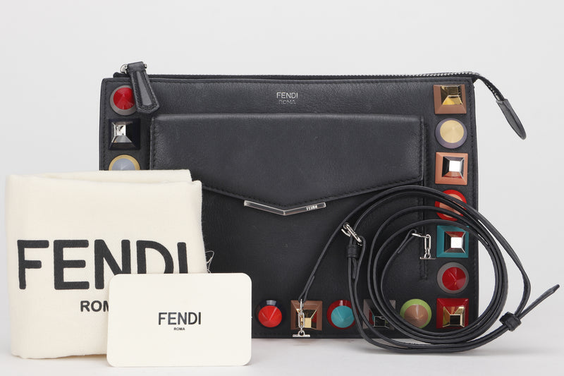 FENDI (8M0369-9DF · 178-7032) MULTICOLOR STUDDED CROSSBODY SMALL BLACK LEATHER SILVER HARDWARE, WITH CARD, STRAP & DUST COVER