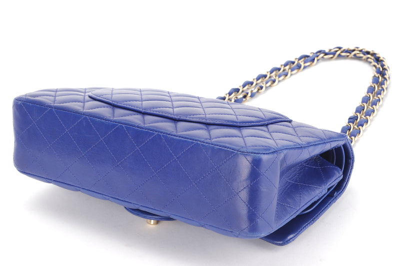 CHANEL CLASSIC DOUBLE FLAP (1813xxxx) MEDIUM BLUE LAMBSKIN LIGHT GOLD  HARDWARE, WITH CARD, NO DUST COVER