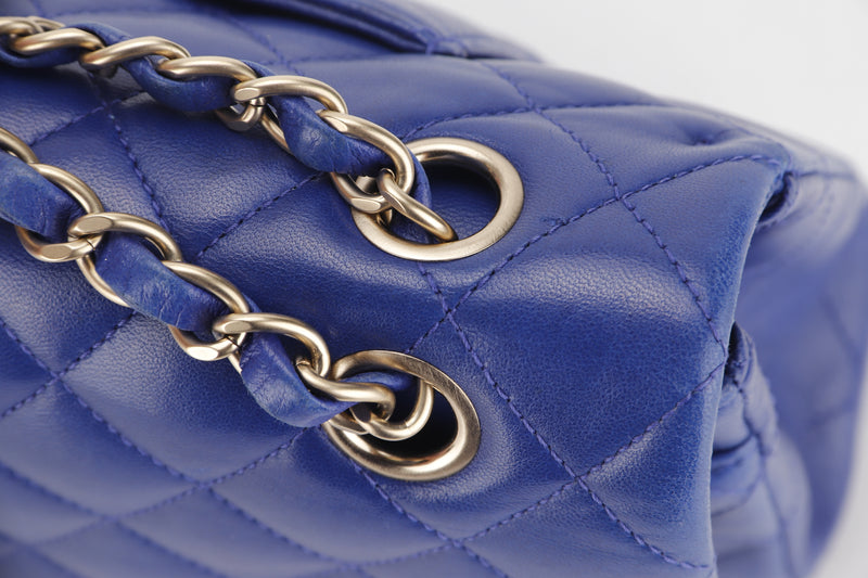 CHANEL CLASSIC DOUBLE FLAP (1813xxxx) MEDIUM BLUE LAMBSKIN LIGHT GOLD HARDWARE, WITH CARD, NO DUST COVER
