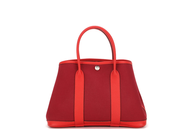 HERMES GARDEN PARTY 30 TOTE BAG (STAMP A) RED LEATHER & CANVAS SILVER HARDWARE, WITH DUST COVER
