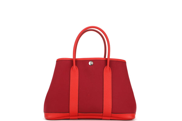 HERMES GARDEN PARTY 30 TOTE BAG (STAMP A) RED LEATHER & CANVAS SILVER HARDWARE, WITH DUST COVER