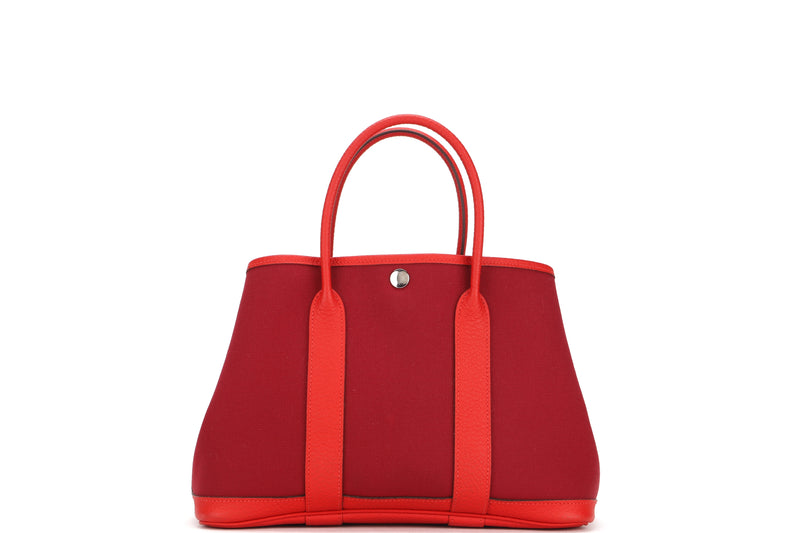 HERMES GARDEN PARTY 30 TOTE BAG (STAMP A) RED LEATHER & CANVAS SILVER HARDWARE, WITH DUST COVER