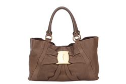 SALVATORE FERRAGAMO ROSE RIBBON TOTE BAG (DH-21 B789) BROWN LEATHER GOLD HARDWARE, NO DUST COVER