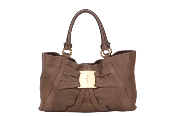 SALVATORE FERRAGAMO ROSE RIBBON TOTE BAG (DH-21 B789) BROWN LEATHER GOLD HARDWARE, NO DUST COVER