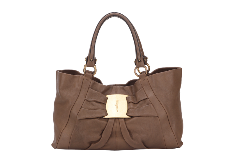 SALVATORE FERRAGAMO ROSE RIBBON TOTE BAG (DH-21 B789) BROWN LEATHER GOLD HARDWARE, NO DUST COVER