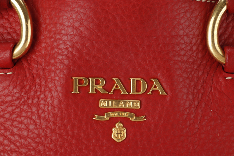 PRADA CONVERTIBLE VERTICAL TOTE RED GRAINED CALF LEATHER GOLD HARDWARE WITH DUST COVER AND STRAP