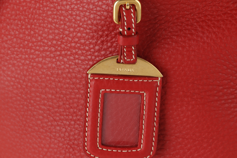 PRADA CONVERTIBLE VERTICAL TOTE RED GRAINED CALF LEATHER GOLD HARDWARE WITH DUST COVER AND STRAP