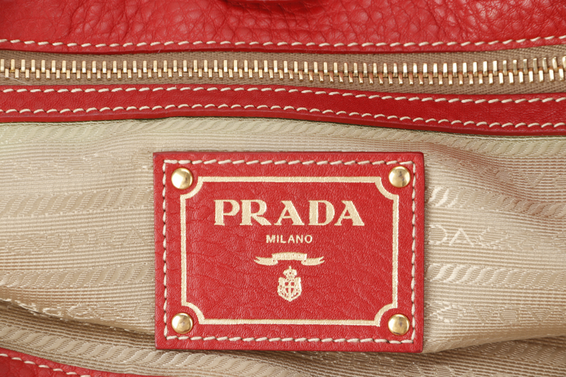 PRADA CONVERTIBLE VERTICAL TOTE RED GRAINED CALF LEATHER GOLD HARDWARE WITH DUST COVER AND STRAP