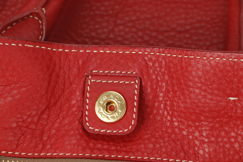 PRADA CONVERTIBLE VERTICAL TOTE RED GRAINED CALF LEATHER GOLD HARDWARE WITH DUST COVER AND STRAP