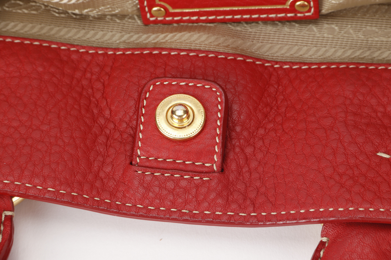 PRADA CONVERTIBLE VERTICAL TOTE RED GRAINED CALF LEATHER GOLD HARDWARE WITH DUST COVER AND STRAP