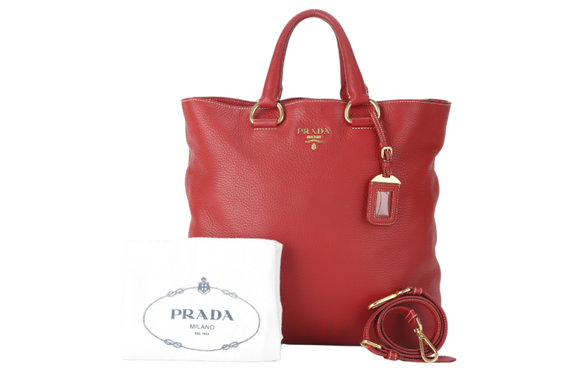 PRADA CONVERTIBLE VERTICAL TOTE RED GRAINED CALF LEATHER GOLD HARDWARE WITH DUST COVER AND STRAP